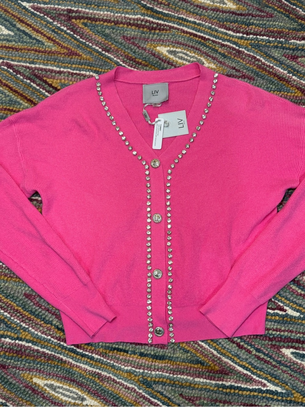 🪩🩷💕 Milano Hot Pink V-Neck Crystal-Trim Bling Embellished Cardigan Sweater 💕🩷🪩 - Picture 6 of 9